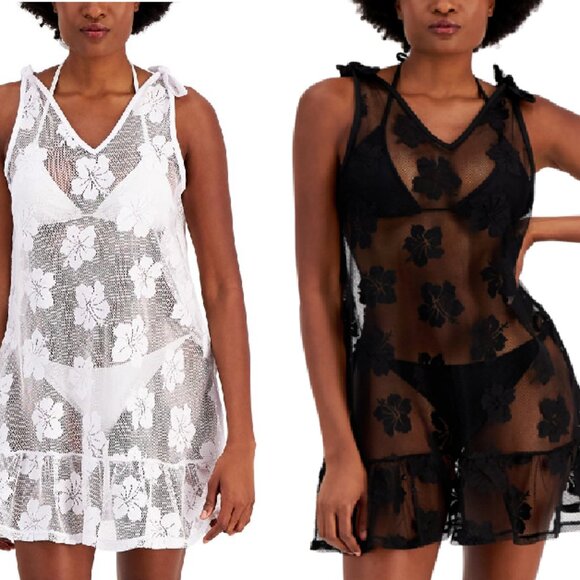 NWT Miken Juniors' Shoulder Tie Mesh Floral Coverup Dress Sizes S-L $30 8B519 - Picture 1 of 3